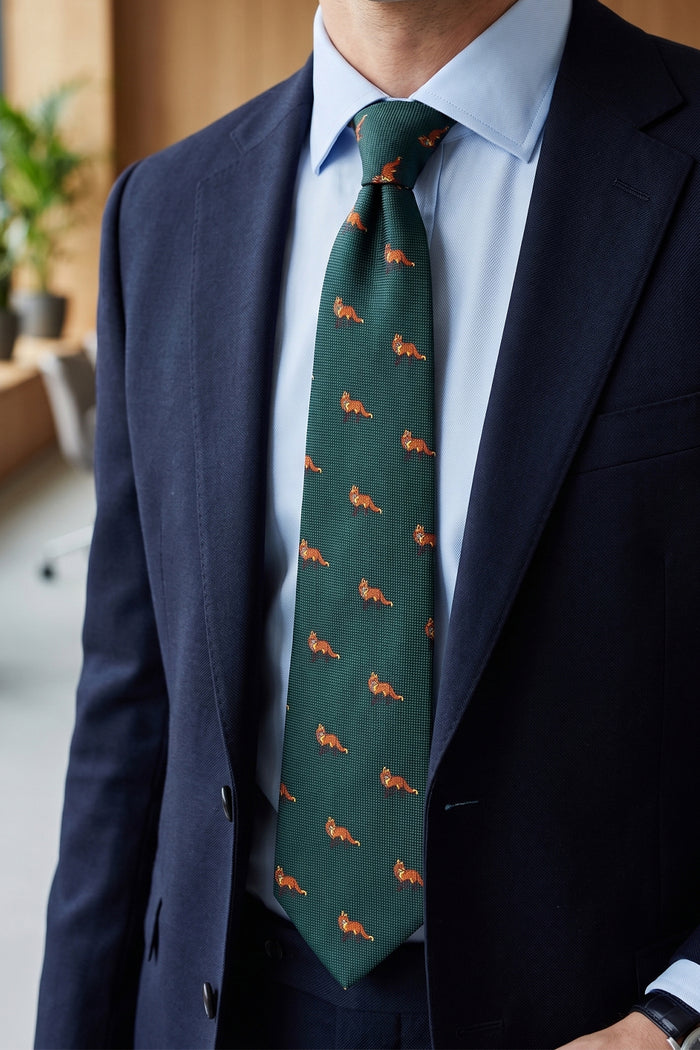Fox Green tie with fox print design, perfect for weddings, casual events, and special occasions.
