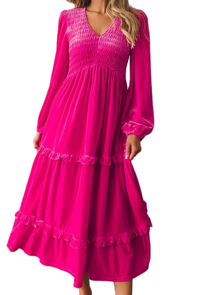 Frill V-Neck Balloon Sleeve Tiered Dress