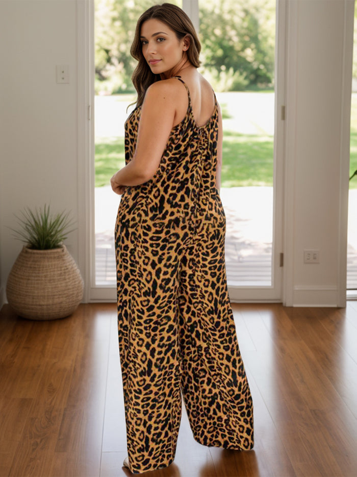 Full Size Leopard Scoop Neck Wide-Leg Jumpsuit