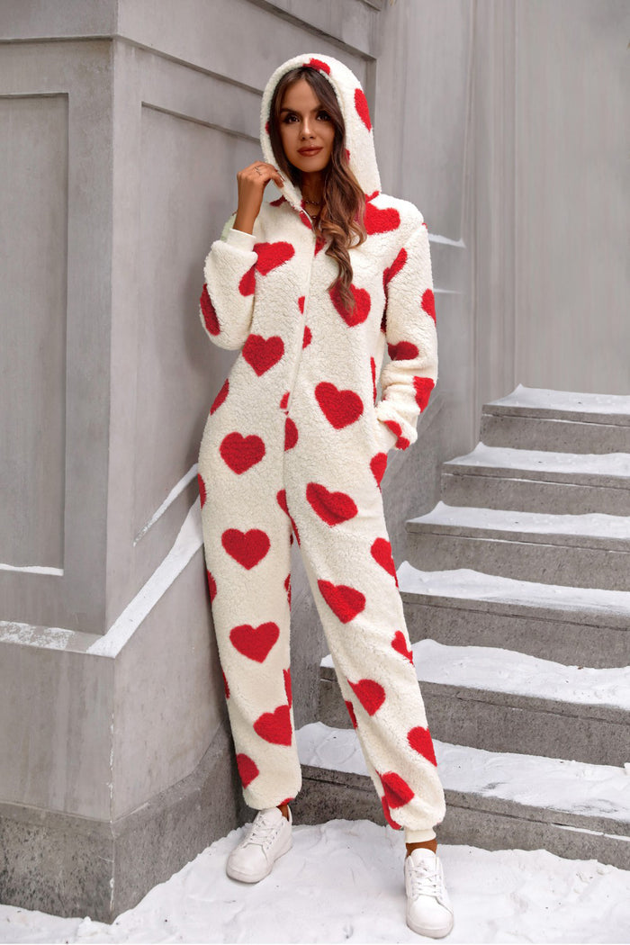 Fuzzy Heart Zip-Up Hooded Lounge Jumpsuit