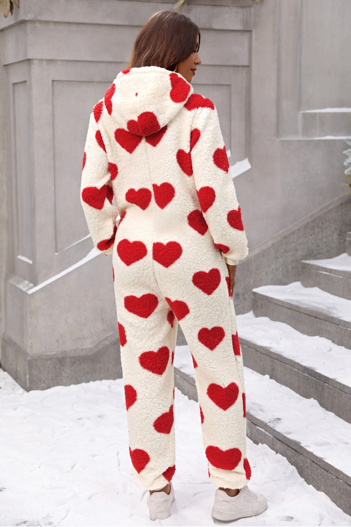 Fuzzy Heart Zip-Up Hooded Lounge Jumpsuit