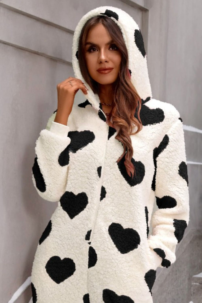 Fuzzy Heart Zip-Up Hooded Lounge Jumpsuit