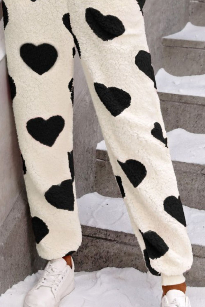 Fuzzy Heart Zip-Up Hooded Lounge Jumpsuit