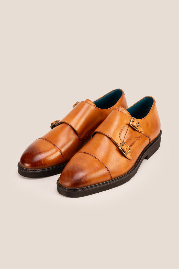 Oswin Hyde Garson Tan Monk Strap shoes crafted from premium leather. Perfect men’s tan shoes for formal occasions