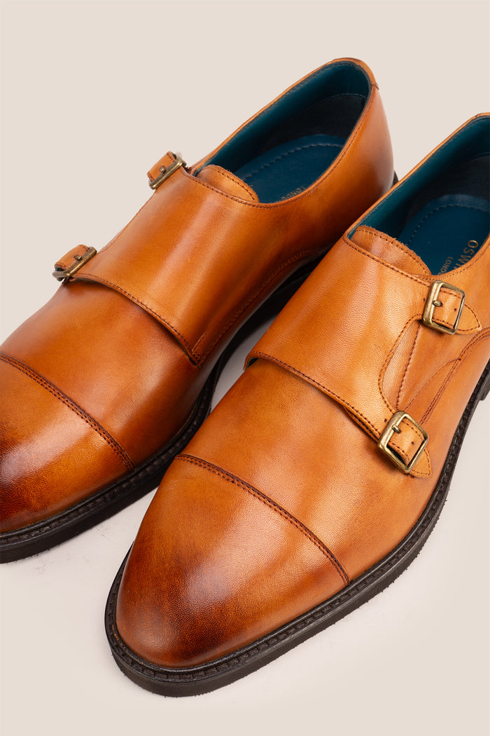 Oswin Hyde Garson Tan Monk Strap shoes crafted from premium leather. Perfect men’s tan shoes for formal occasions
