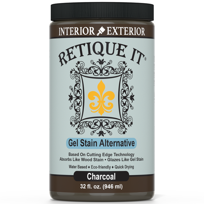 Retique It Gel Stain in Charcoal, showcasing a smooth application of dark, rich wood stain on a surface.