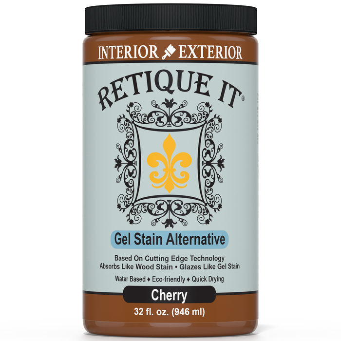 Retique It Cherry gel stain applied to wood surface, showcasing deep red color and smooth, glossy finish.