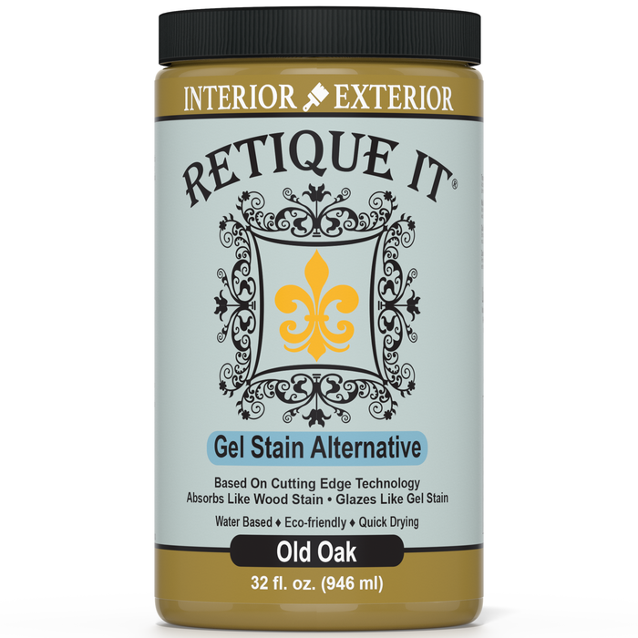 Retique It Gel Stain in Old Oak color showing a smooth application on wood surface with rich oak finish.