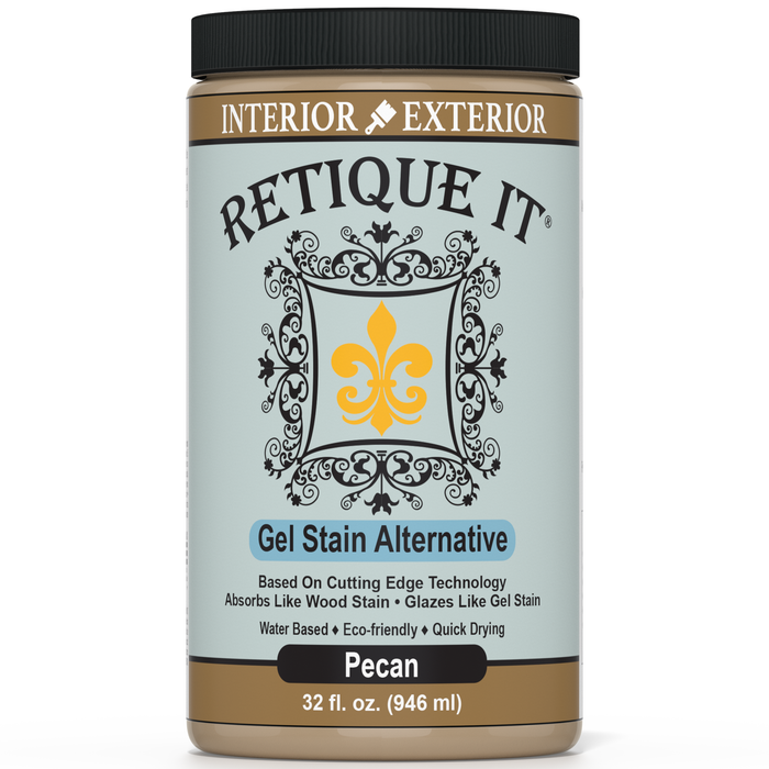 Retique It Gel Stain in Pecan showing a smooth application on wood surface for rich, natural wood finish.