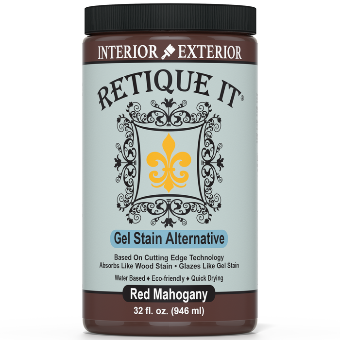 Retique It Gel Stain in Red Mahogany showing a smooth, glossy wood finish sample with rich red-brown color.
