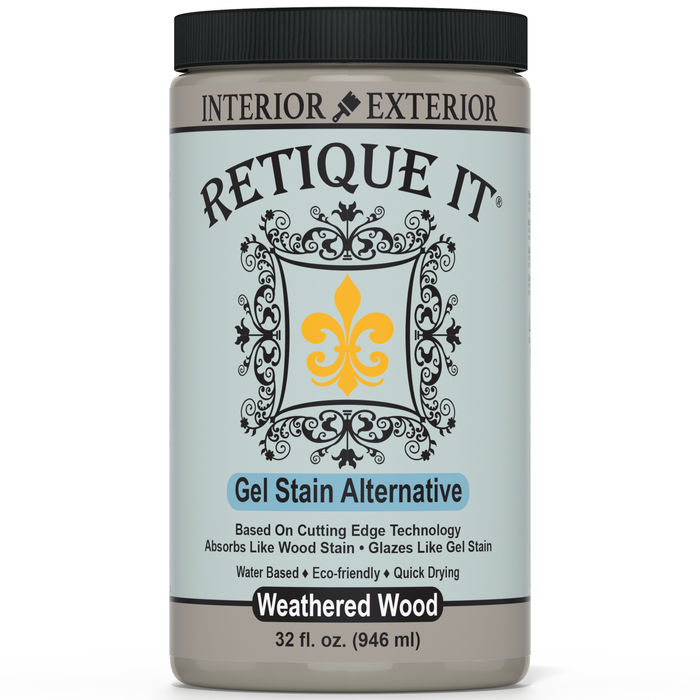 Retique It weathered wood gel stain applied to wood surface, showcasing a rustic, aged finish with textured appearance.