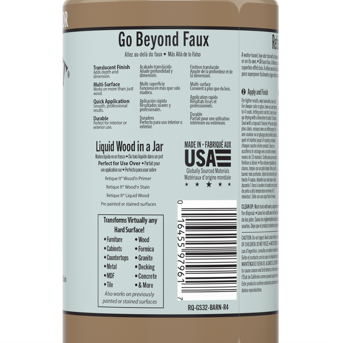 Retique It Gel Stain in Barn Wood color, showcasing a wood surface with rich, textured barn wood finish and natural grain details.