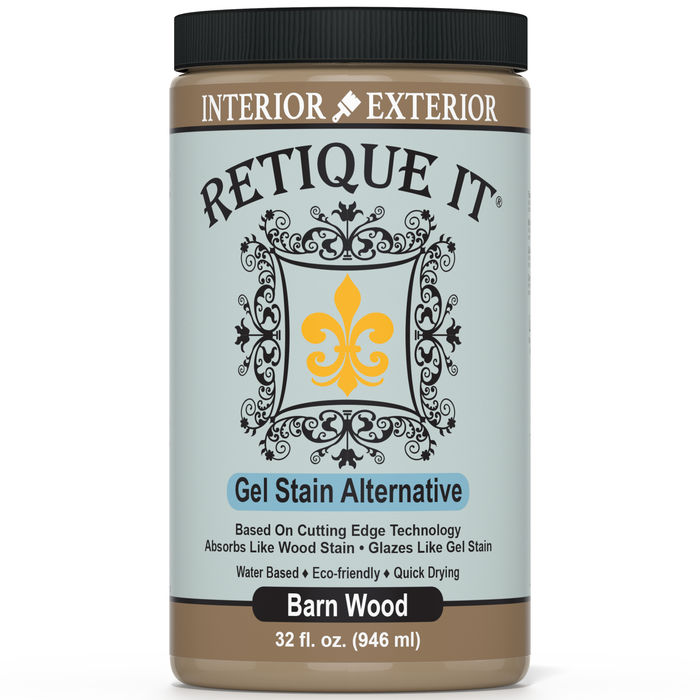 Retique It Gel Stain in Barn Wood, showcasing the wood grain finish and rich natural color for furniture and craft projects.
