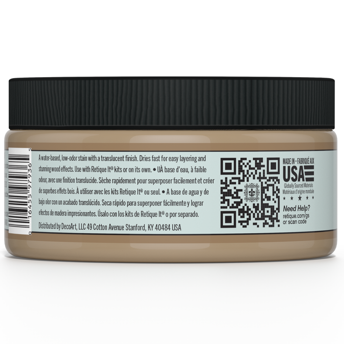 Retique It Gel Stain in Barn Wood, showing a rich, textured wood finish applied on a surface.