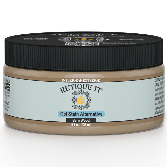 Retique It Gel Stain in Barn Wood color, showcasing a smooth application on wood surface for a rich, rustic finish.