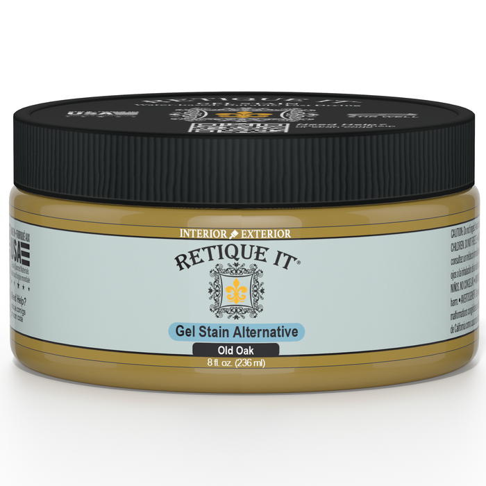 Retique It Gel Stain in Old Oak, showcasing a rich, natural wood finish on a stained wooden surface.