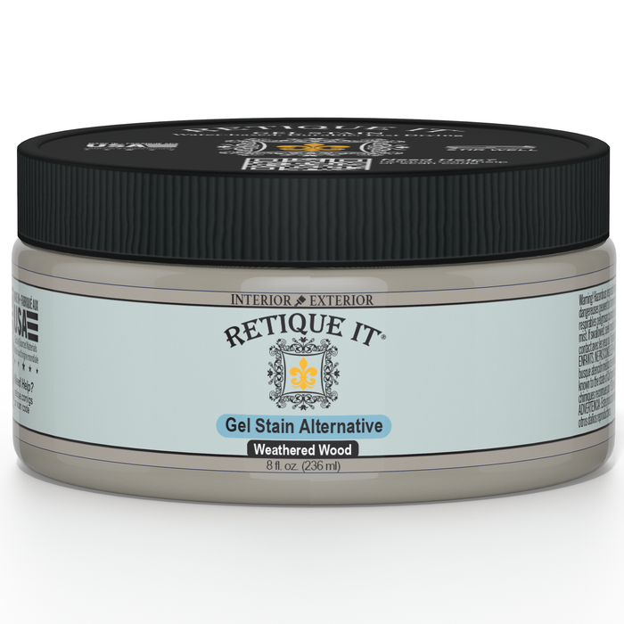 Retique It Weathered Wood Gel Stain applied to a wooden surface, showcasing a rustic, weathered finish with natural wood grain.