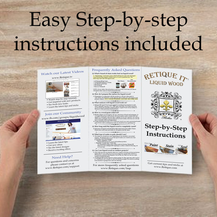 Retique It Weathered Wood Gel Stain application instructions book with hands holding the front cover.