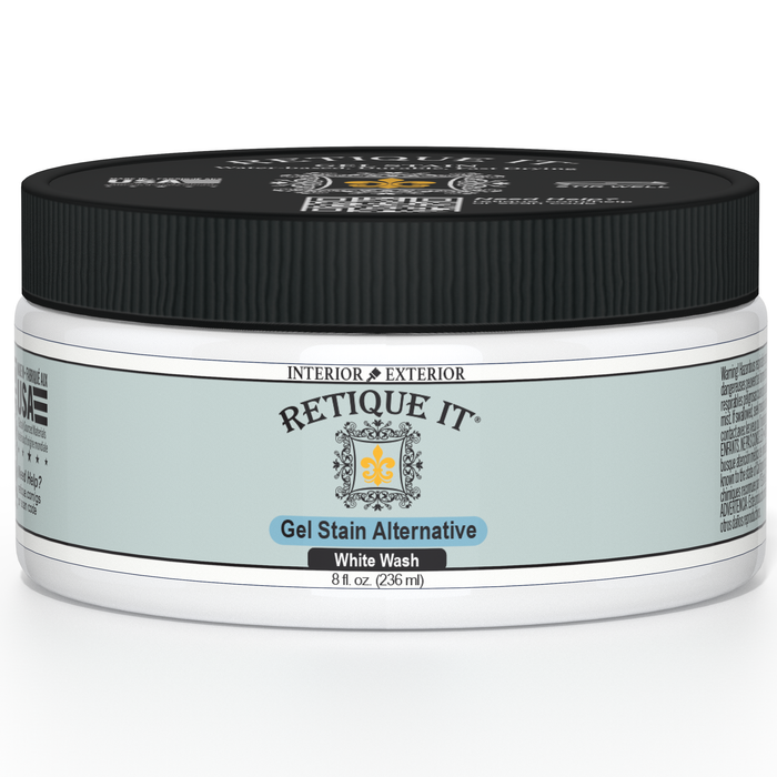 Retique It White Wash gel stain applied to wood surface, showcasing a smooth, whitewashed finish for furniture or decor projects.