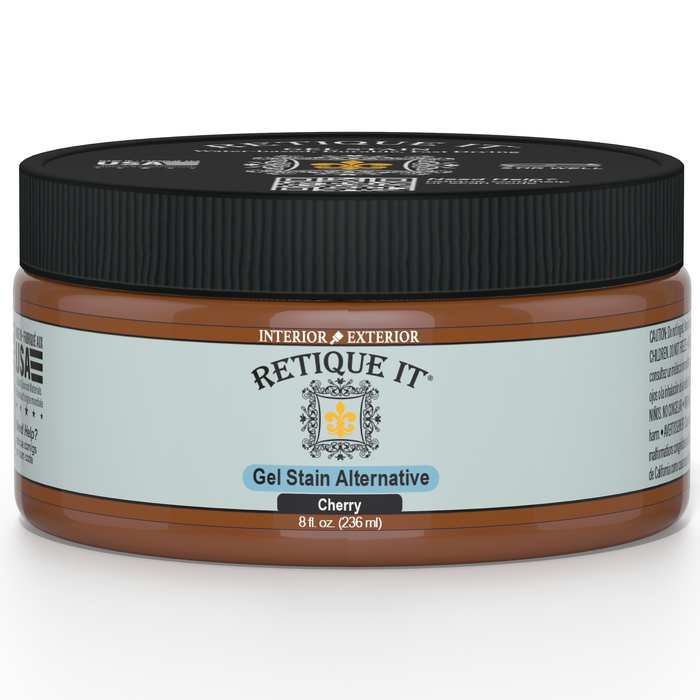 Retique It Cherry Gel Stain applied on wood surface, showcasing rich cherry color and smooth stain finish.