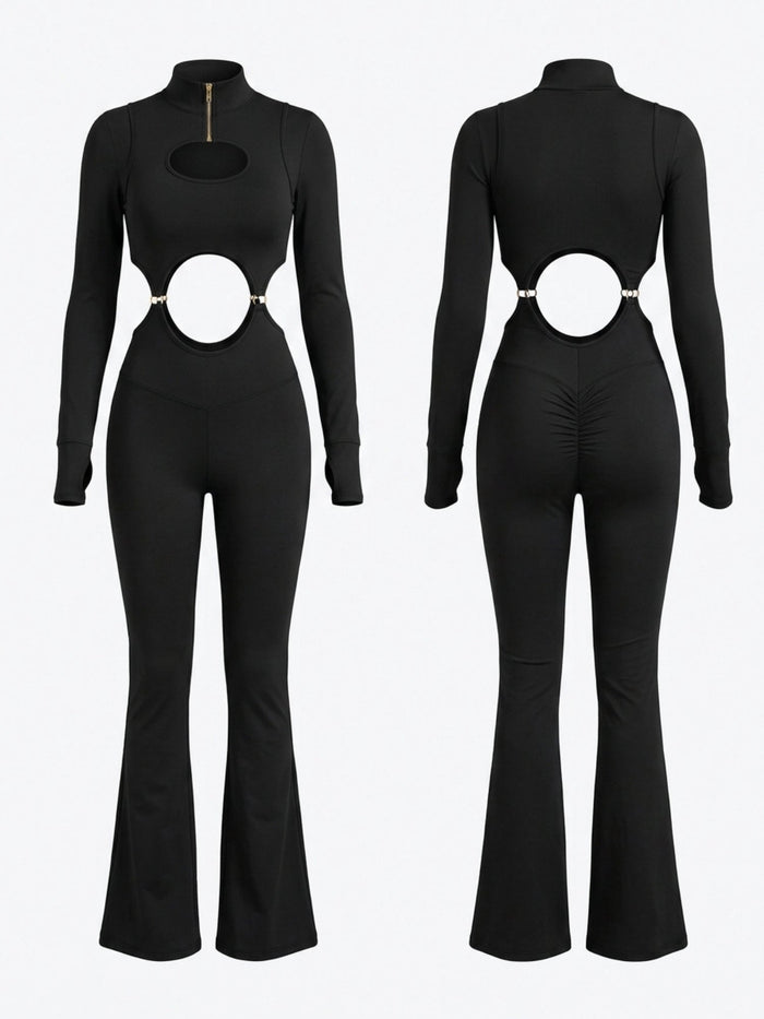 Half Zip Cutout Waist Long Sleeve Flared Jumpsuit