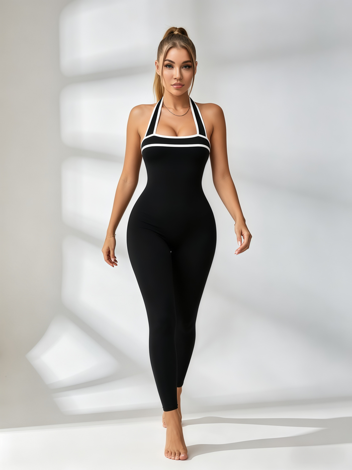 Halter Contrast Open-Back Jumpsuit