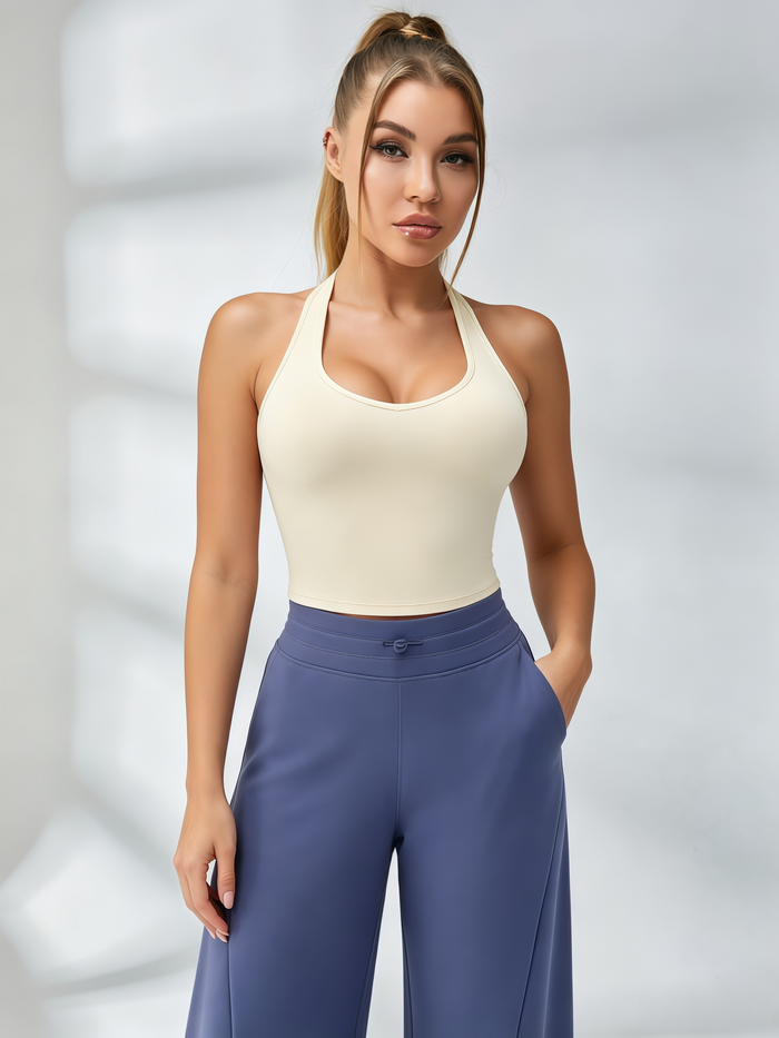 Halter‑Neck Crop Top & High‑Waisted Pocketed Wide‑Leg Pants Set