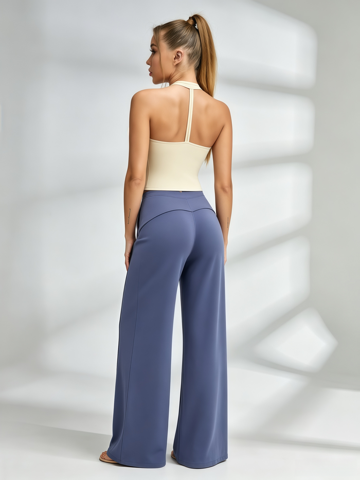 Halter‑Neck Crop Top & High‑Waisted Pocketed Wide‑Leg Pants Set