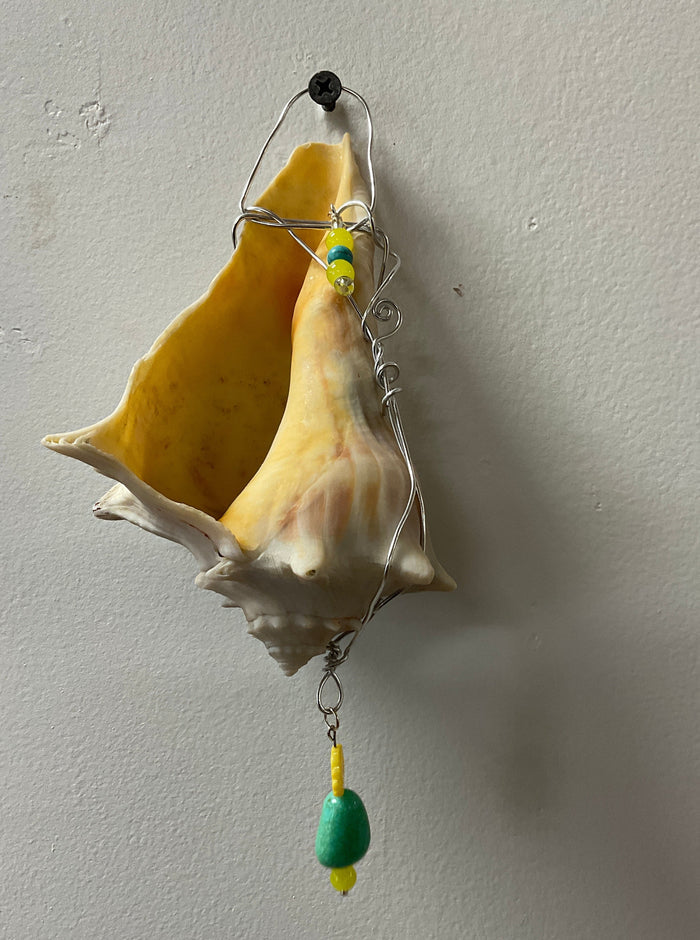 Hanging whelk shell decorated