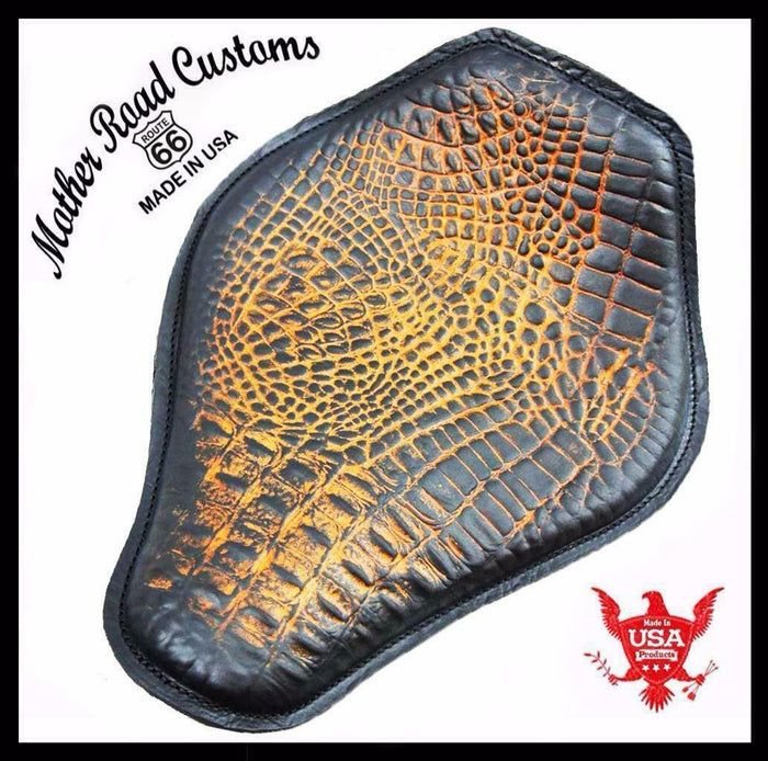 Harley Sportster Spring Seat Chopper Bobber 11x14 AntBrn Gator Snub Nose Leather - Mother Road Customs