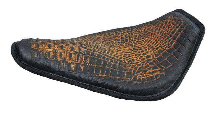 Harley Sportster Spring Seat Chopper Bobber 11x14 AntBrn Gator Snub Nose Leather - Mother Road Customs