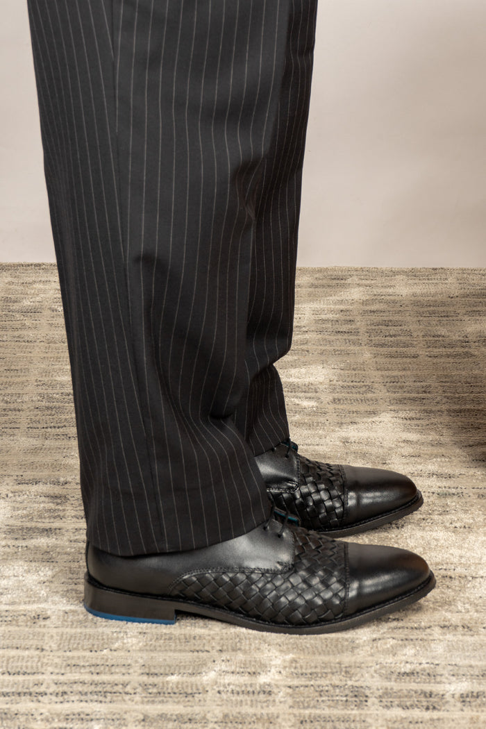 Heath black woven leather derby shoes for men by Oswin Hyde – breathable lace-up shoes with cushioned insole and refined texture for formal or smart casual wear.