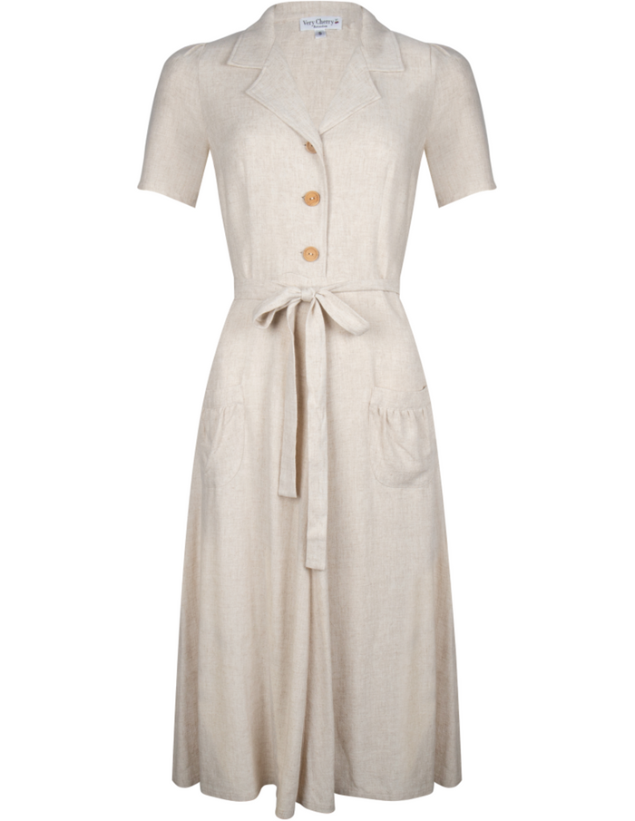 Hemdblusenkleid 40's ,Revers Dress Midi ,Linen-Natur