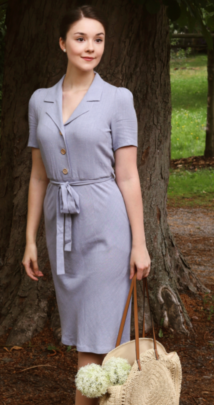 Hemdblusenkleid 40's,Revers Dress Straight Linen, Lavendel