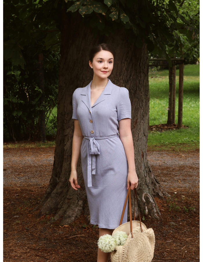 Hemdblusenkleid 40's,Revers Dress Straight Linen, Lavendel