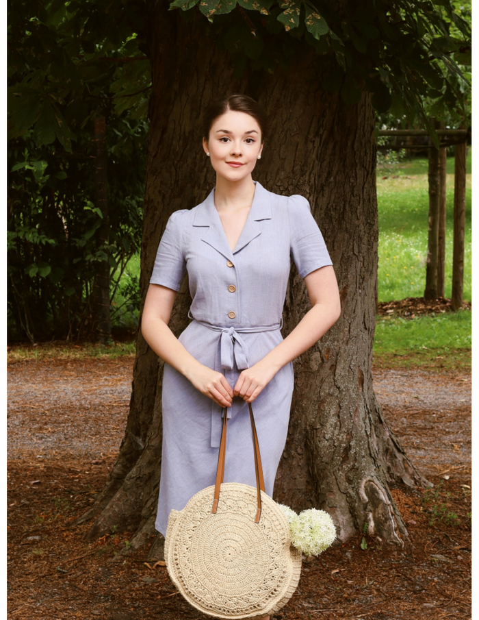 Hemdblusenkleid 40's,Revers Dress Straight Linen, Lavendel