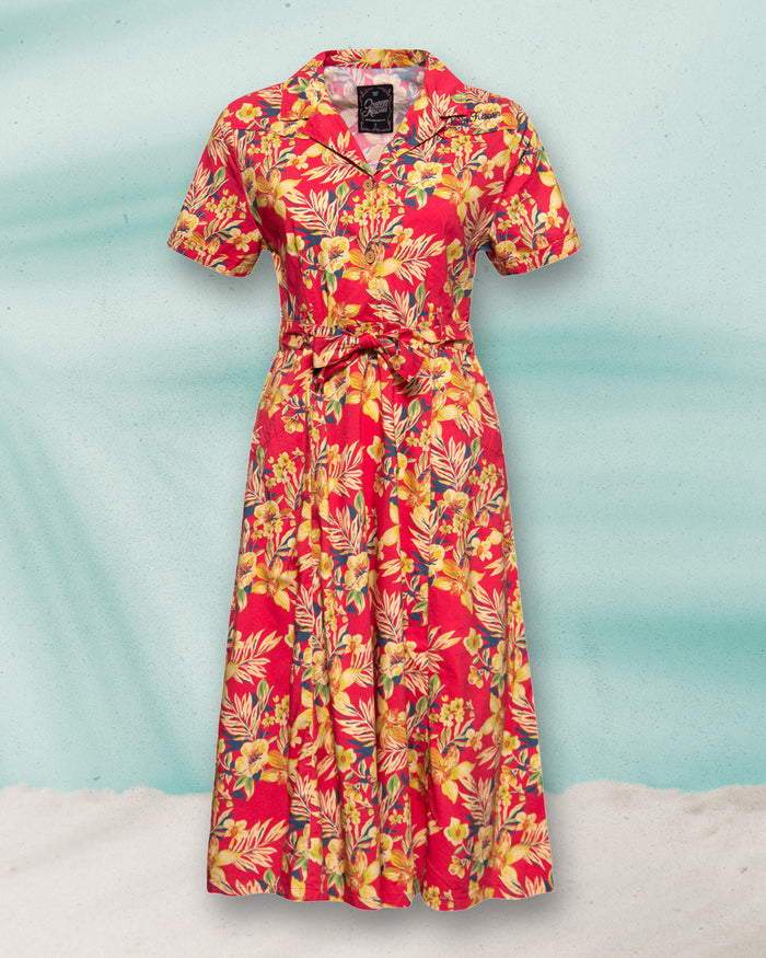 Hemdblusenkleid Hawaii mit Tropischen Blumenmuster, Rot