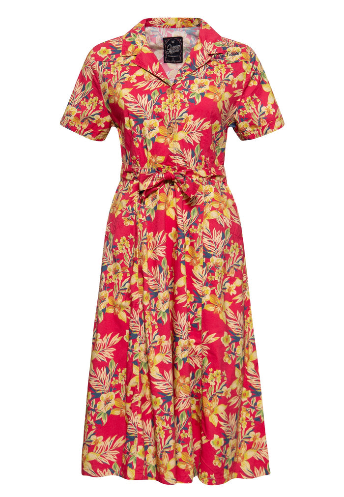 Hemdblusenkleid Hawaii mit Tropischen Blumenmuster, Rot
