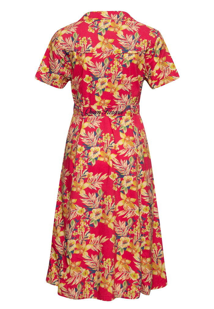 Hemdblusenkleid Hawaii mit Tropischen Blumenmuster, Rot