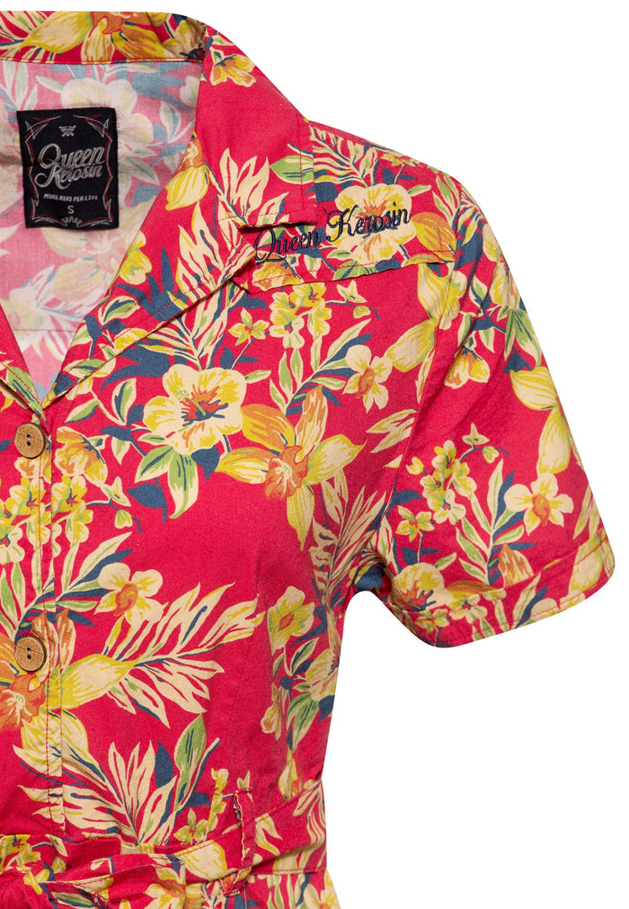 Hemdblusenkleid Hawaii mit Tropischen Blumenmuster, Rot