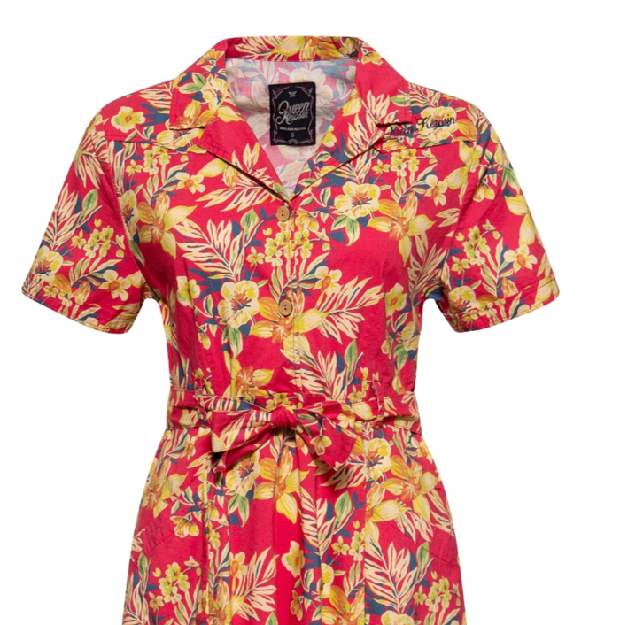 Hemdblusenkleid Hawaii mit Tropischen Blumenmuster, Rot