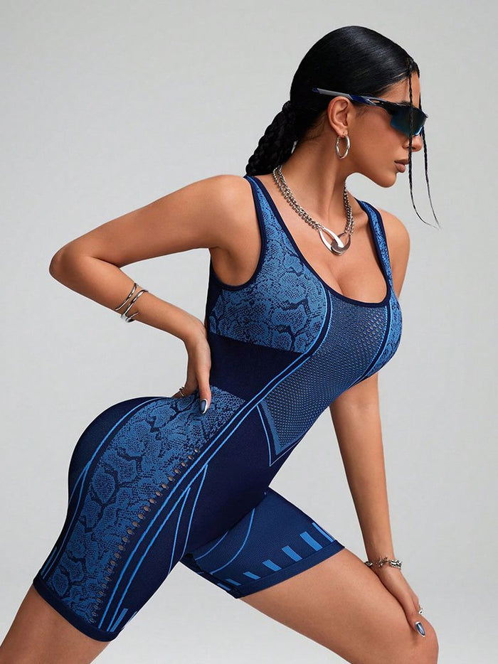 Hollow Out Net Snakeskin Print Stripes Stitch Elastic Tight Romper