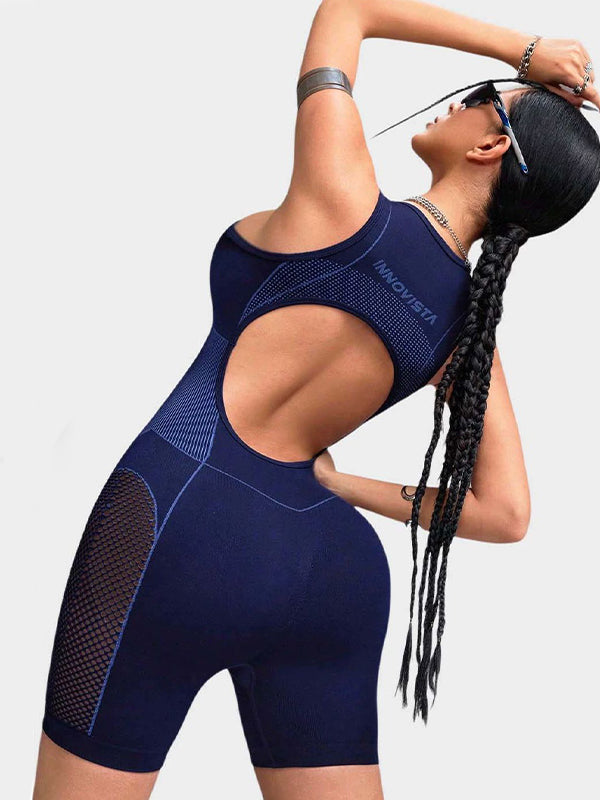 Hollow Out Net Zipper Push Up Design Elastic Tight Romper