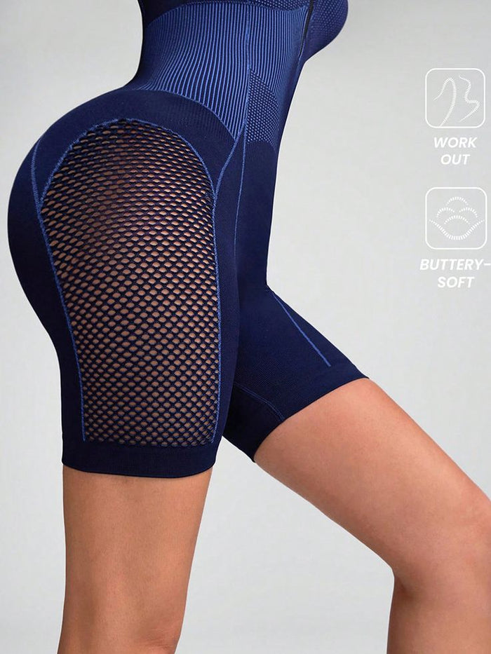 Hollow Out Net Zipper Push Up Design Elastic Tight Romper