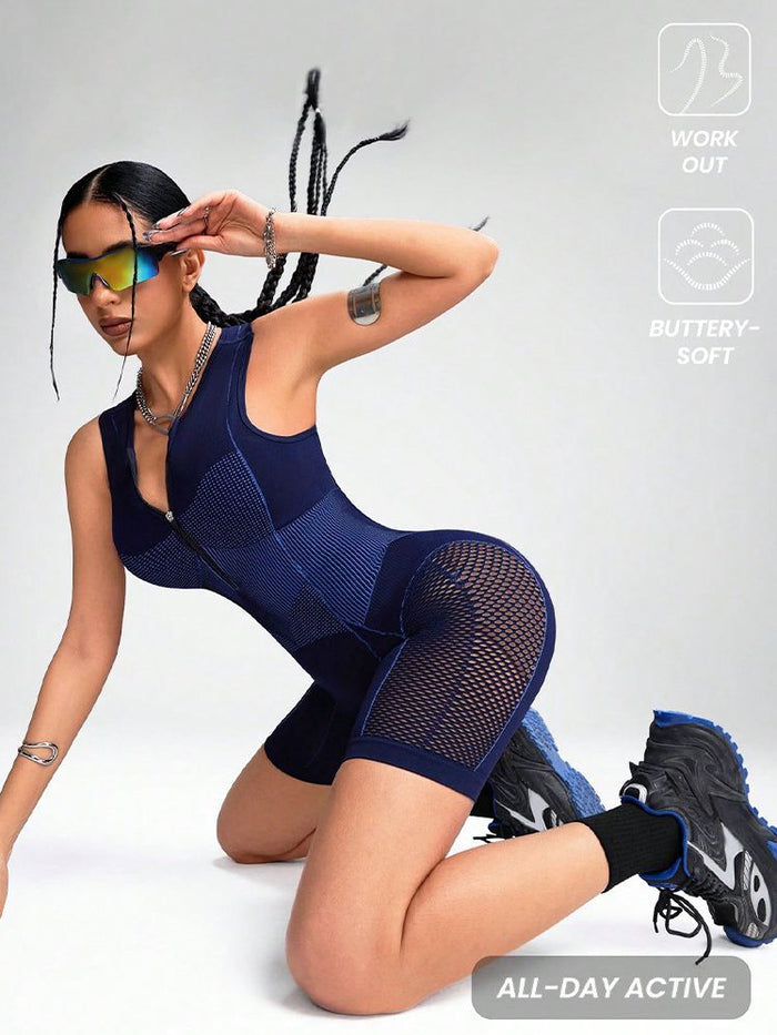 Hollow Out Net Zipper Push Up Design Elastic Tight Romper