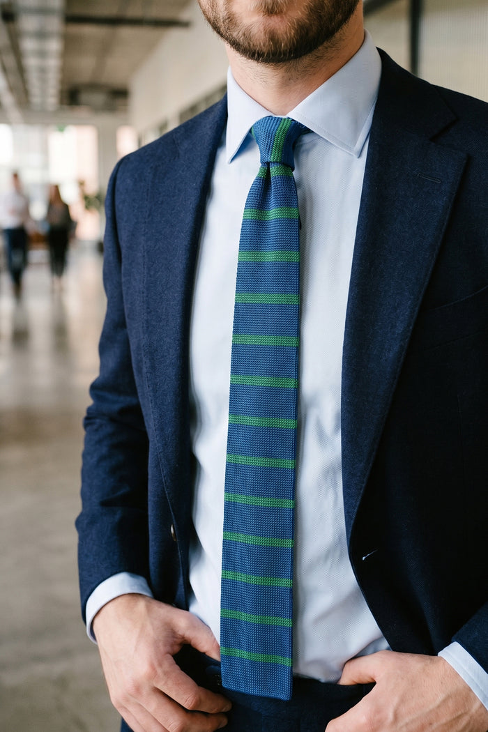 Jack Teal/Green knitted tie with striped design, perfect for weddings, evening events, and formal occasions.