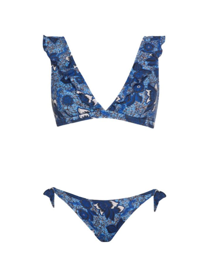 Bikini Emmanuela Swimwear Joanna V Neck Ruffled Bikini Blue Floral Apoella