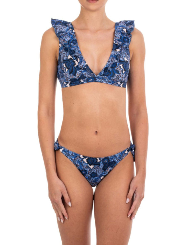 Bikini Emmanuela Swimwear Joanna V Neck Ruffled Bikini Blue Floral Apoella