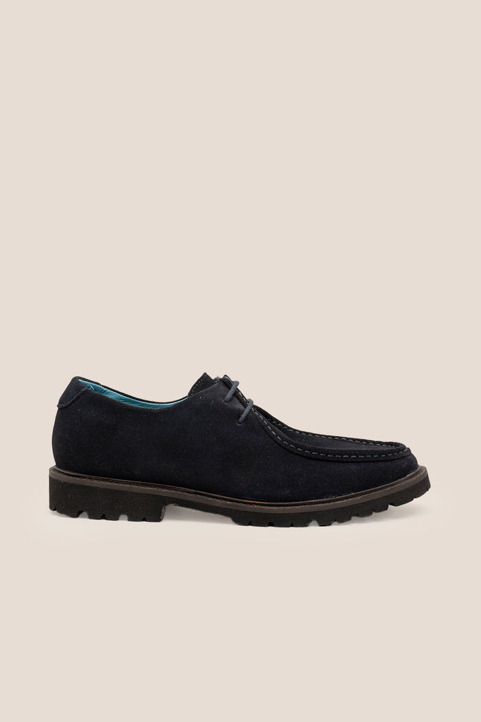 Joshua navy suede Wallabee shoes for men by Oswin Hyde – luxurious casual moccasin-style footwear with soft suede and cushioned insole for all-day comfort.