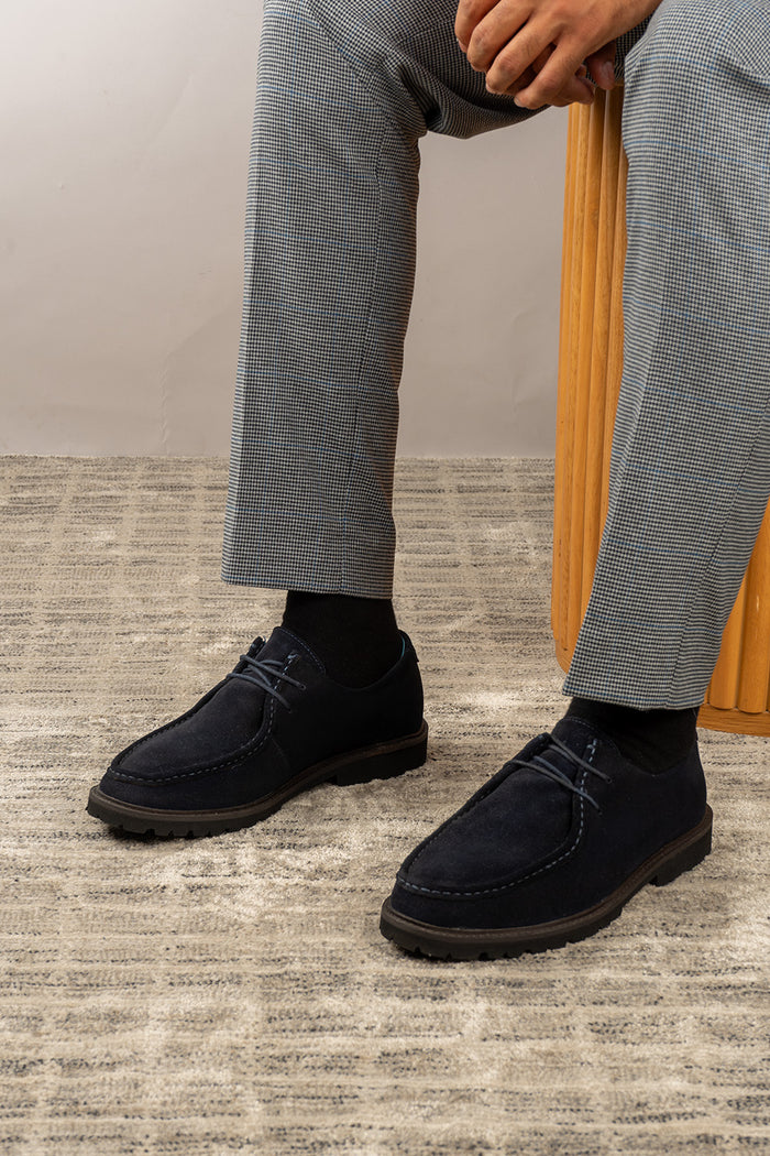 Joshua navy suede Wallabee shoes for men by Oswin Hyde – luxurious casual moccasin-style footwear with soft suede and cushioned insole for all-day comfort.